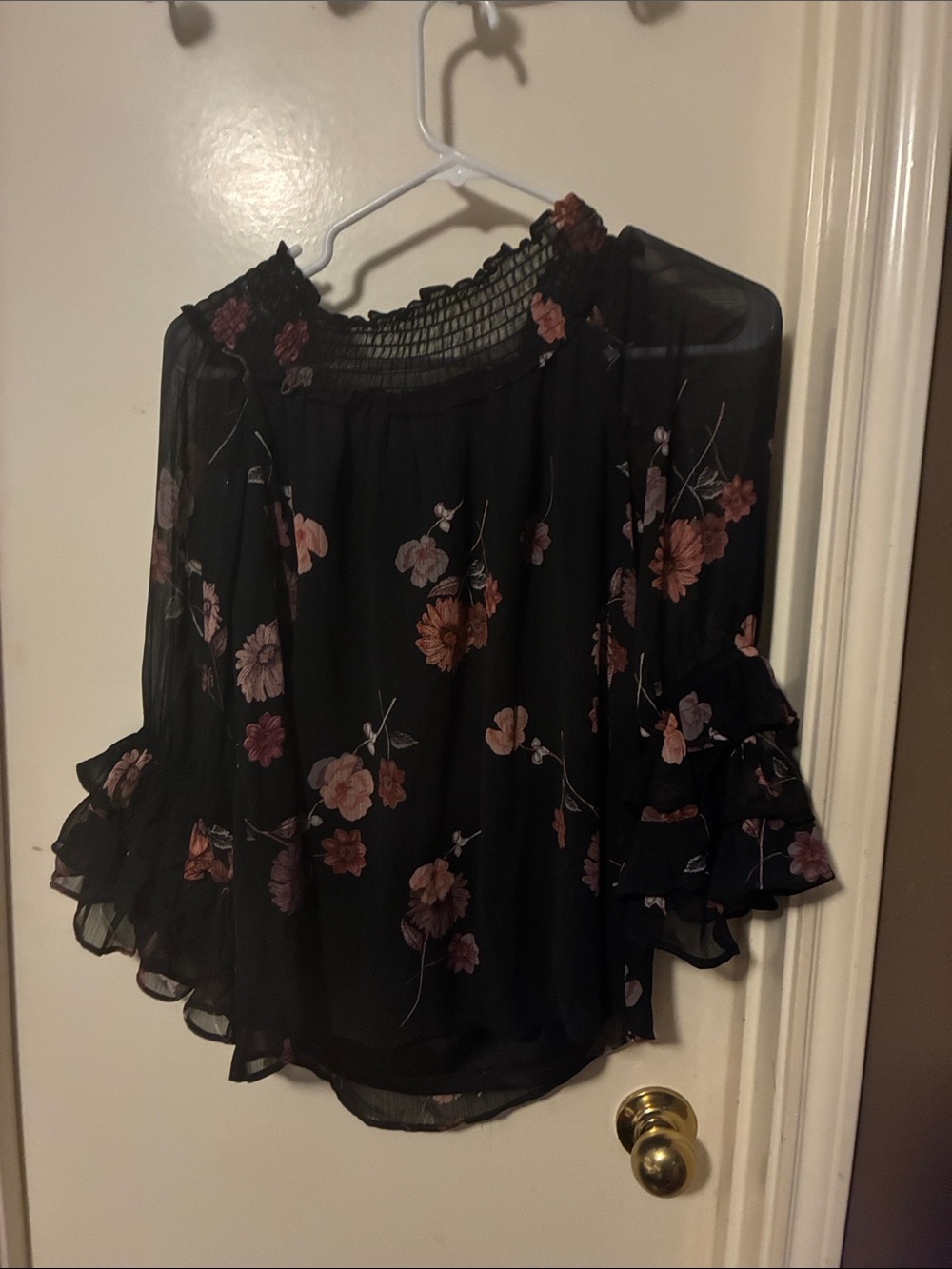 CeCe Black Floral Chiffon Blouse with Pink and Mauve Flowers - Picture 2 of 4